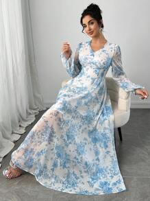 Modelyn 女式花卉印花V领灯笼袖优雅连衣裙 - 藍色 - 查看 3