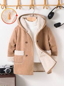 SHEIN Young Boy Loose Fit Hooded Woolen Jacket With Double-Breasted Button, Suitable For School, Autumn/Winter Fall