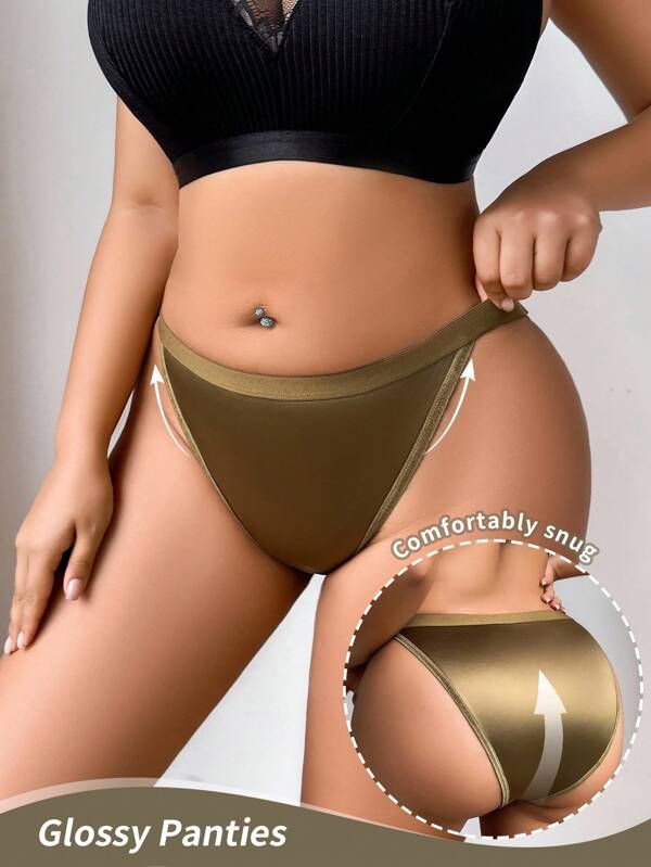 SHEIN 1pc Women Plus Size Shiny Fabric Comfortable Fitted Solid Color Minimalist Bikini Panty