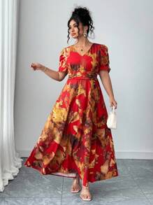 Elenzga 大码女式优雅 V 领褶饰腰部中长连衣裙，夏季 - 紅色 - 查看 6