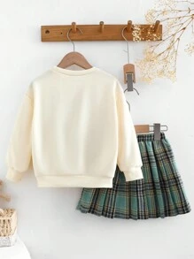 2pcs Young Girls Bear Print Long Sleeve Sweatshirt & Plaid Cute Skirt Set,Autumn Back-To-School Career Day Girls 2 Pieces Outfit - Multicolor - View 2