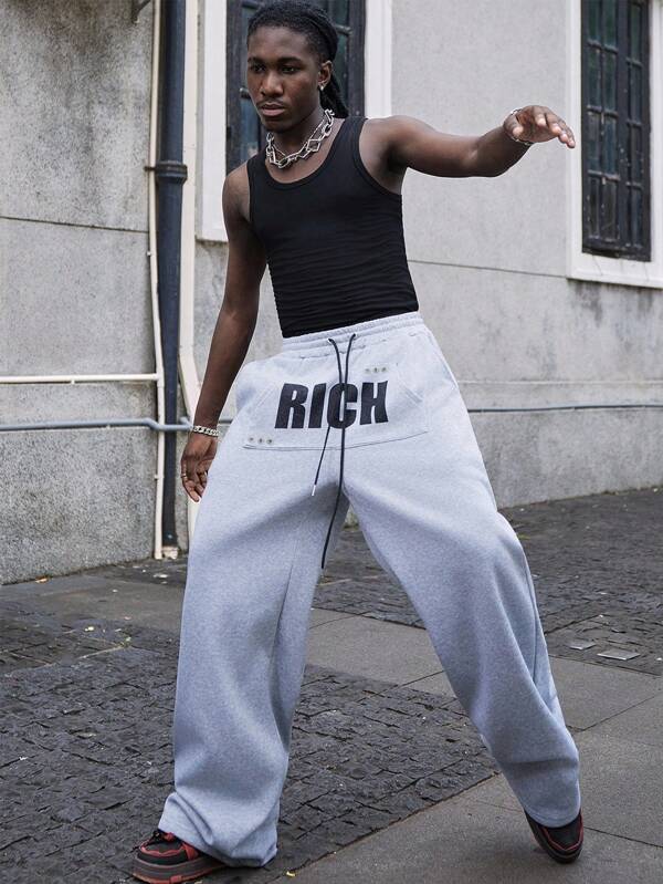 PAVTROS 1 pieza Pantalón de chándal ancho y suelto para hombres, cintura elástica, estampado con la palabra "RICH", estilo casual de ropa de calle, adecuado para uso diario, ir al trabajo, la escuela, vacaciones, gran regalo para novio/esposo