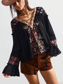 Bohemela Vacation Casual Embroidered V-Neck Blouse For Women - Black - View 3