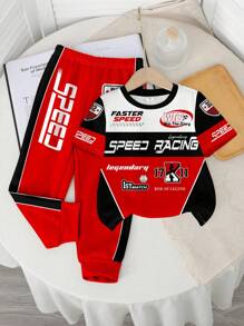 SHEIN 2 件套年轻男孩休闲时尚赛车运动风格图案印花圆领短袖 T 恤和裤子，适合赛车运动