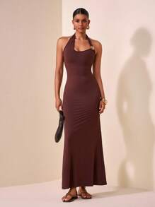 Zivah Women's Dark Brown Chic Summer Maxi Dress,Halter Neck Backless Bodycon Fishtail Hem Long Dress For Date Night,Front Metal Buckle Decor Ruched - Brown - View 4