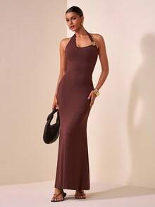 Zivah Women's Dark Brown Chic Summer Maxi Dress,Halter Neck Backless Bodycon Fishtail Hem Long Dress For Date Night,Front Metal Buckle Decor Ruched - Brown - View 3