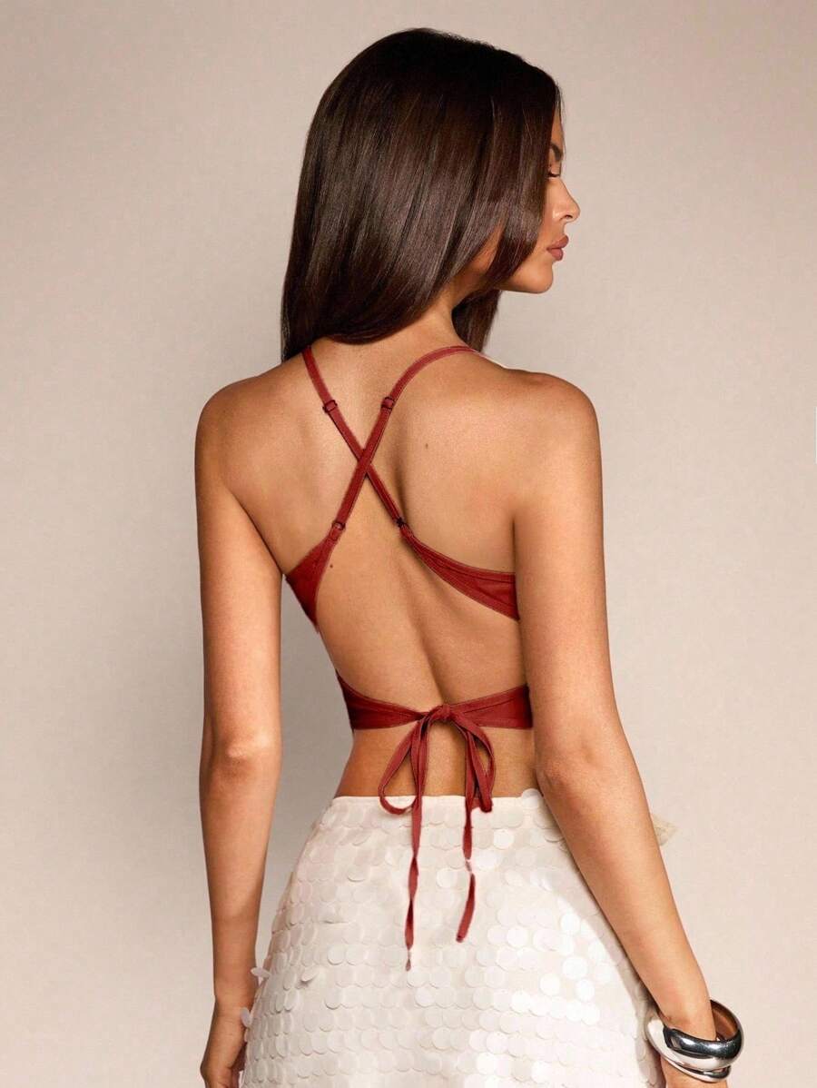 SHEIN Glamour 女士性感露背系带吊带背心，适合外出约会 - 酒紅色 - 查看 1