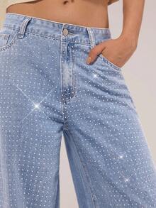 SHEIN Forever 21 复古水洗散钻细节直筒牛仔裤春季中腰牛仔裤节日夏季下装水钻牛仔裤 - 淺藍色 - 查看 2