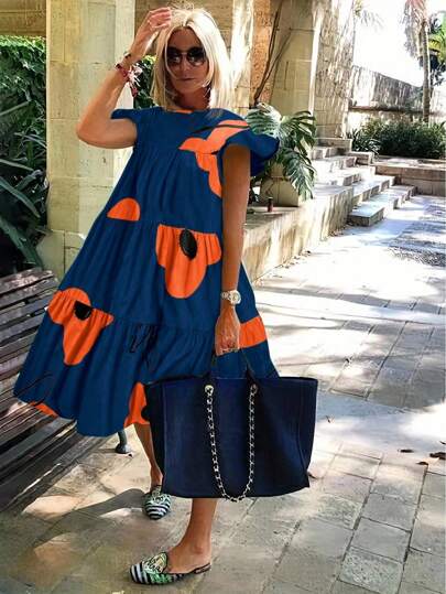 Breezaya Holiday Leisure Big Floral Printed Ruffle Hem Dress Vacation Beach Outfits Women