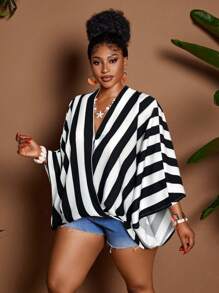 Maweii 大码条纹长袖裹身休闲宽松衬衫 - 黑與白 - 查看 2