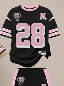 SHEIN 2pcs/Set Tween Girls Casual Loose Fit Numeric 28 Graphic Tee And Flare Pants Outfit, Black & Pink, Suitable For Summer Outings, Easy Comfort, Autumn Layers, Stylish Kids, Casual Wear, Kids Graphic Clothes, Back To School, Fall Clothes, Homecoming, Suitable For Outdoor Picnics, Outings, Street Style, Home, And School - Multicolor - View 3