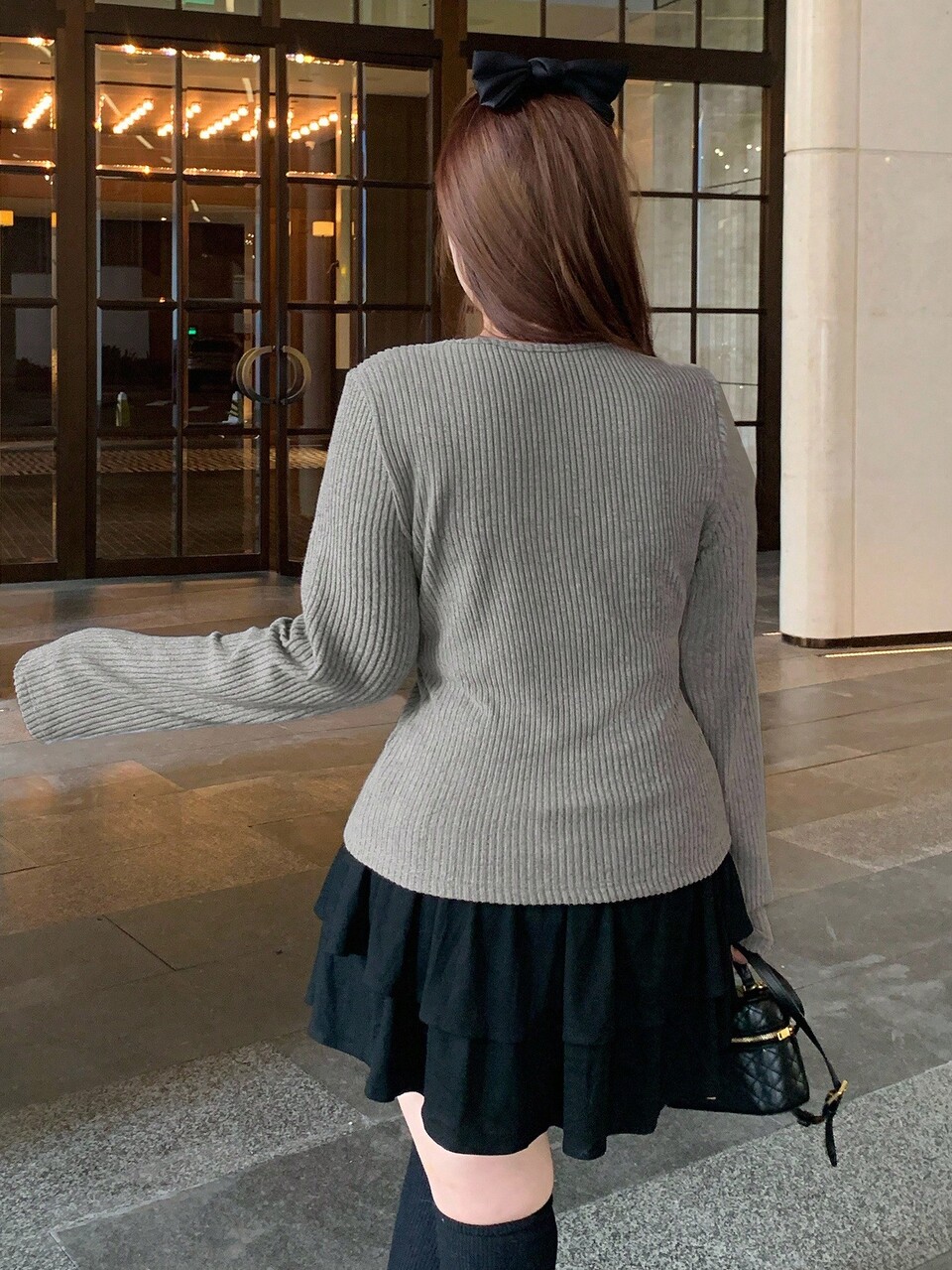 Dazy Plus Plus Size Women V-Neck Solid Color Elastic Bow Decor Hollow Long Sleeve Gray T-Shirt