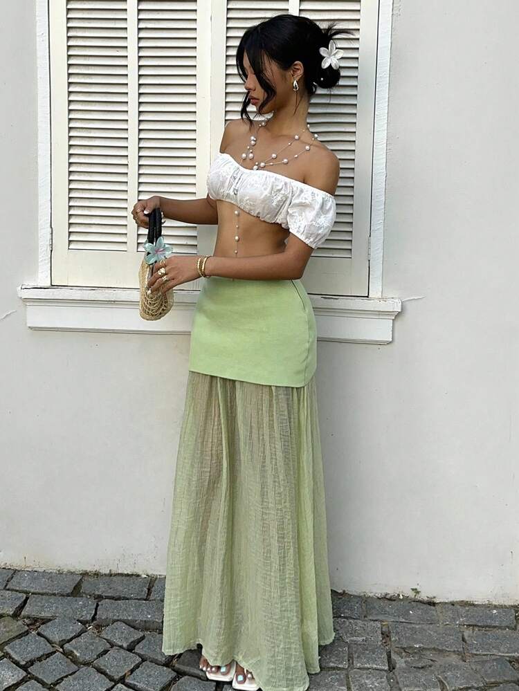 SHEIN EZwear 女士时尚纯色优雅针织拼接薄纱松紧腰褶皱绿色长款毛衣裙，老钱风格，伊比沙岛，海滩，外出，约会之夜秋冬女士服装 - 綠色 - 查看 6