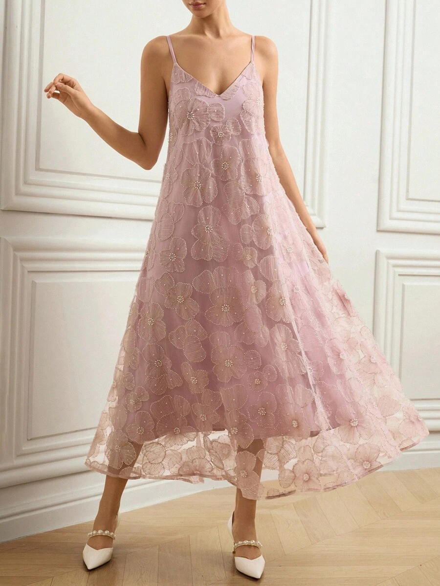 Aveloria Rosie 奢华小众亮片镂空花卉 3D 串珠刺绣连衣裙，女式长礼服 - 藕粉色 - 查看 1