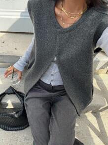 Serisse Áo khoác vest không tay cổ tròn màu trơn dành cho nữ, áo khoác ngoài thường ngày, thu/đông, áo khoác xám, trang phục công sở thường ngày dành cho nữ, thích hợp mặc đi làm hàng ngày, mùa thu - Màu xám đen - Xem 8