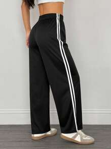 SHEIN PETITE Casual Black Side Striped Trousers Simple Fashion Daily Casual Loose Pants