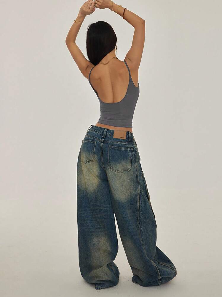 SHEIN PETITE Dark Grey Spaghetti Strap Knit Cami Top With Backless Casual Style,Sexy Top Y2k Clothes Women Tops Backless Tops Low Back Top Low Rise Jeans Y2k Jeans Top Y2k Top - Dark Grey - View 5