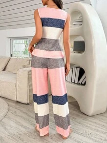 DUSKBASE 2pcs/Set Summer Multicolor Striped Knit Casual Tank Top And Pants Loungewear Set, Outfits - Multicolor - View 3