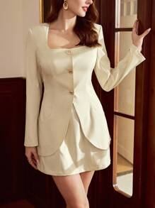 Vintamour 复古优雅女士套装 2 件套带口袋连衣裙西装外套休闲办公装返校婚礼宾客礼服女士度假装女士秋季女装女士教师装女士白色连衣裙商务休闲女士生日礼服返校服装女士连衣裙女士优雅生日装秋季服装女士办公装女士工作服女士工作装 - 杏色 - 查看 5