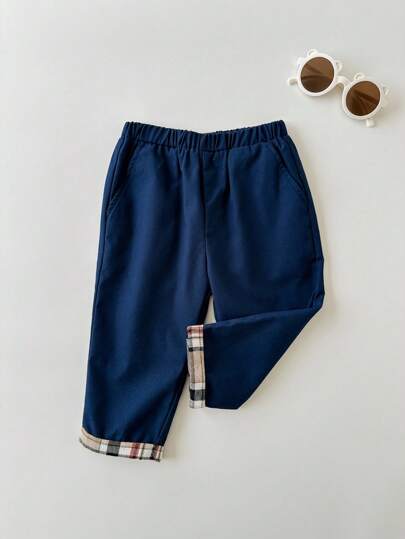 SHEIN Toddler Boys' Casual Plaid Patchwork Elastic Waist Pants, Suitable For Birthday Party, Evening Party, Performance, Wedding, Baby Shower, First Day Of School, Kids Outfits, Back To School