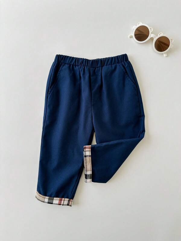 SHEIN Toddler Boys' Casual Plaid Patchwork Elastic Waist Pants, Suitable For Birthday Party, Evening Party, Performance, Wedding, Baby Shower, First Day Of School, Kids Outfits, Back To School