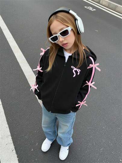Elladie kids Back To School Fall Clothes Young Girls Knitted Hooded Ribbon Bow Bow Print Jacket, Cardigan, Sportswear Casual Outerwear For Autumn/Winter Girls Zipper Hoodie Kids Black Hoodie Pink Bow Hoodie Kids Hoodie With Bows
