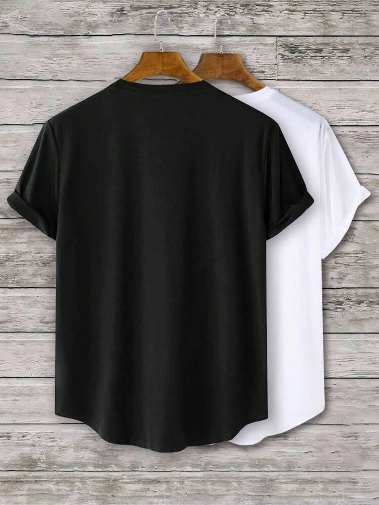 Manfinity Homme Áo thun tay ngắn cổ tròn trơn đơn giản thường ngày cho nam, quà tặng bạn trai - Đen và trắng - Xem 2