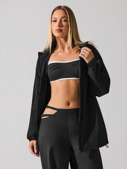 Fluxe Veste décontractée ample à manches longues, col montant, épaules tombantes, couleur unie pour femmes