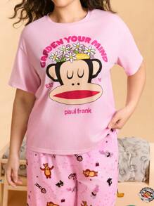 Paul Frank X SHEIN 大码卡通图案圆领短袖上衣和长裤睡衣套装