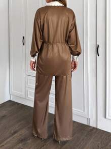 EURMUSE 2pcs/Set Women Rhinestone Collar Detailed Elegant Loose Long Sleeve Shirt And Wide Leg Pants Brown Elegant Suit - Brown - View 2