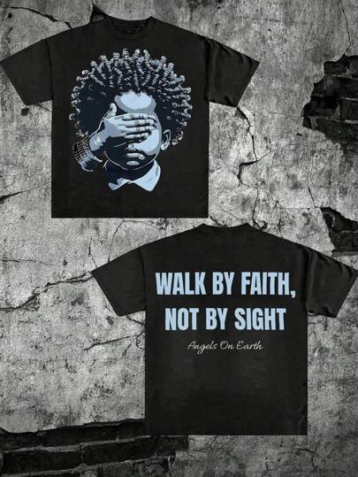 Glimmora Walk By Faith Not By Sight, Curly Hair Boy Covered Eyes Graphic Print Casual Slim Fit Short Sleeve T-Shirt For Women, Summer