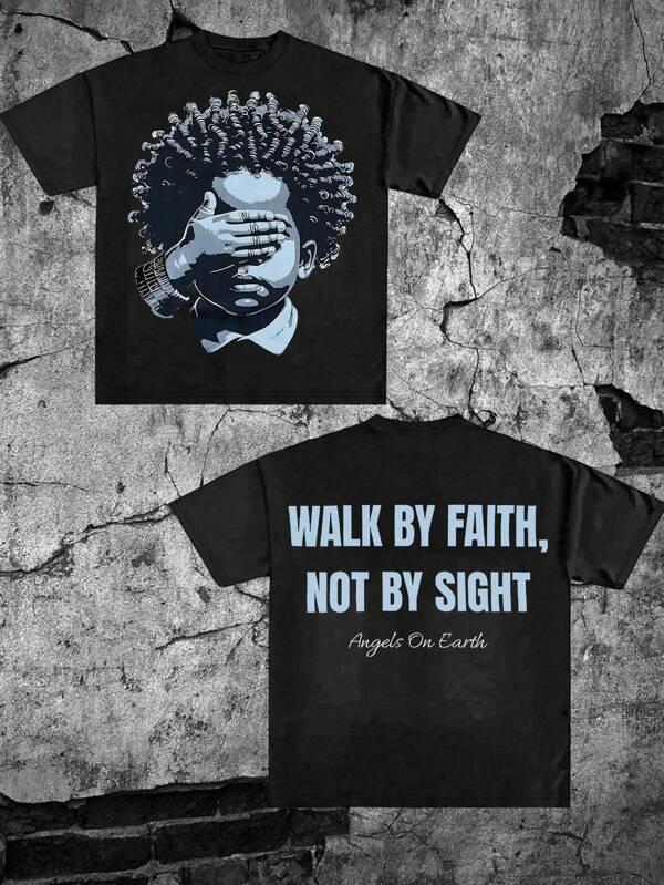 Glimmora Marchez par la foi et non par la vue, t-shirt à manches courtes slim casual pour femmes avec imprimé graphique d'un garçon aux cheveux bouclés couvrant les yeux, été