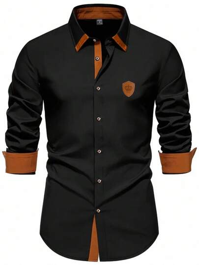 Manfinity Mode Men's Business Casual Black Contrast Color Patchwork Long Sleeve Shirt, Fall