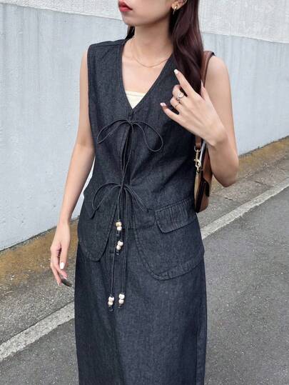 FRIFUL 女士休闲宽松牛仔系带前无袖夹克和迷你裙套装