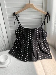 SHEIN Comfortcana 黑色波点露脐吊带背心，下摆采用褶皱喇叭形设计，休闲百搭。黑色波点吊带娃娃衫。 - 黑色 - 查看 2