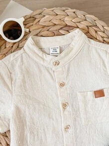 Áo sơ mi ngắn tay cổ đứng trơn cho bé trai có trang trí nơ và quần short thường ngày - Màu xanh Bạc hà - Xem 4