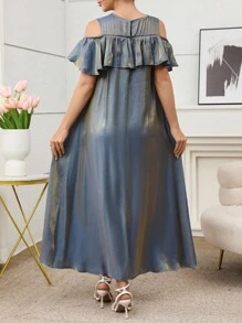 Yasmyna Women's Off-Shoulder Ruffle Trim Round Neck Fashion Summer Arabic Style Dress - Blue - View 3
