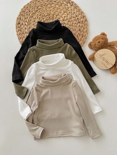 4pcs/Set Baby Boy Solid Color Turtleneck Long Sleeve Knitted Sweaters,Black And White,Autumn,Basics,Carrer Day,Back-To-School Warm Loose Fit Tops