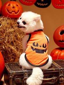 PETSIN 1 pieza Disfraz de perro para Halloween - Chaleco ligero y transpirable de color naranja con estampado gráfico de expresión de dibujos animados divertidos, perfecto para perros en fiestas de Halloween, eventos de truco o y sesiones fotográficas festivas - Multicolor - Ver 1