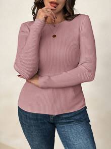 SHEIN Clasi Plus Size Women Crew Neck Long Sleeve Pullover Sweater, Basic Layering Top For Autumn/Winter - Dusty Pink - View 4