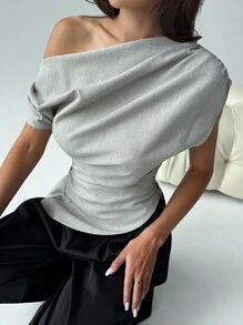 Aloruh New Minimalist Fashion Versatile Gray Asymmetrical Neck Pleated Decor Cinched Waist Pullover Fitted Short Sleeve Blouse