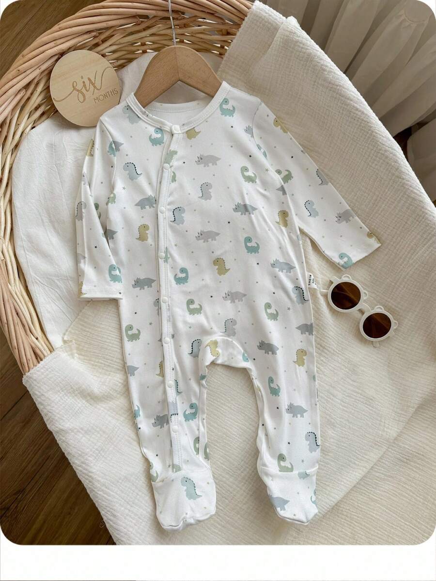 儿童新生儿男孩卡通恐龙印花圆领长袖前开扣柔软舒适连脚连体衣 - 米色 - 查看 1