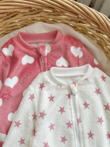 Babygirl Cute Fluffy Polka Dot, Heart & Star Pattern Jumpsuit Loungewear, Autumn/Winter - Multicolor - View 5