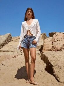 Maija 2025 年夏季新款奶油黄色浪漫荷叶边饰边、系带腰带、不对称下摆、提花纹理面料女式吊带背心，现代优雅休闲办公室日常穿着，适合婚礼宾客、工作、旅行、派对、乡村街头风格、独立日、约会、返校、Y2K 秋季 - 白色 - 查看 6