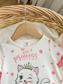 Pijama con patrón de gatos y bloque de color para bebé niña con cuello redondo y puños de encaje, resistente al fuego - Rosa - Ver 7