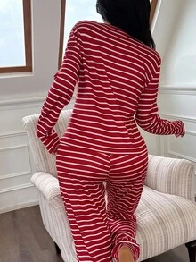SHEIN Women's Front Button Casual Striped Print Long Sleeve Red And White Striped Top & Pants Pajama Set, Fall Winter Clothes Cozy And Elegant Details