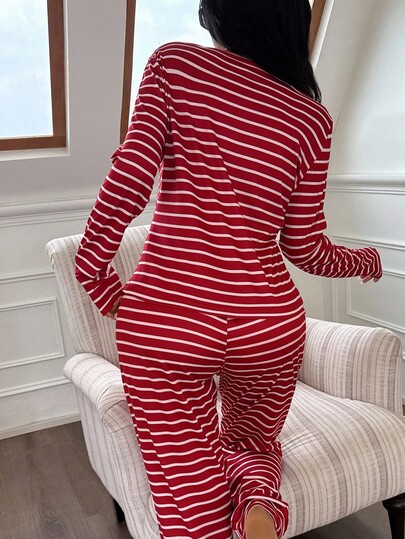 Dream Adore Front Button Gestreepte Print Long Sleeve Rood Wit Top Pants Pajama Set, Fall Clothes Cozy Elegante view 2