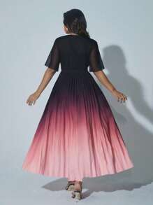 Viva Relle 大码女士优雅浪漫夏季度假连衣裙，V领裹身领雪纺荷叶袖短袖系带渐变褶皱飘逸长裙，适合情人节穿着 - 彩色 - 查看 4