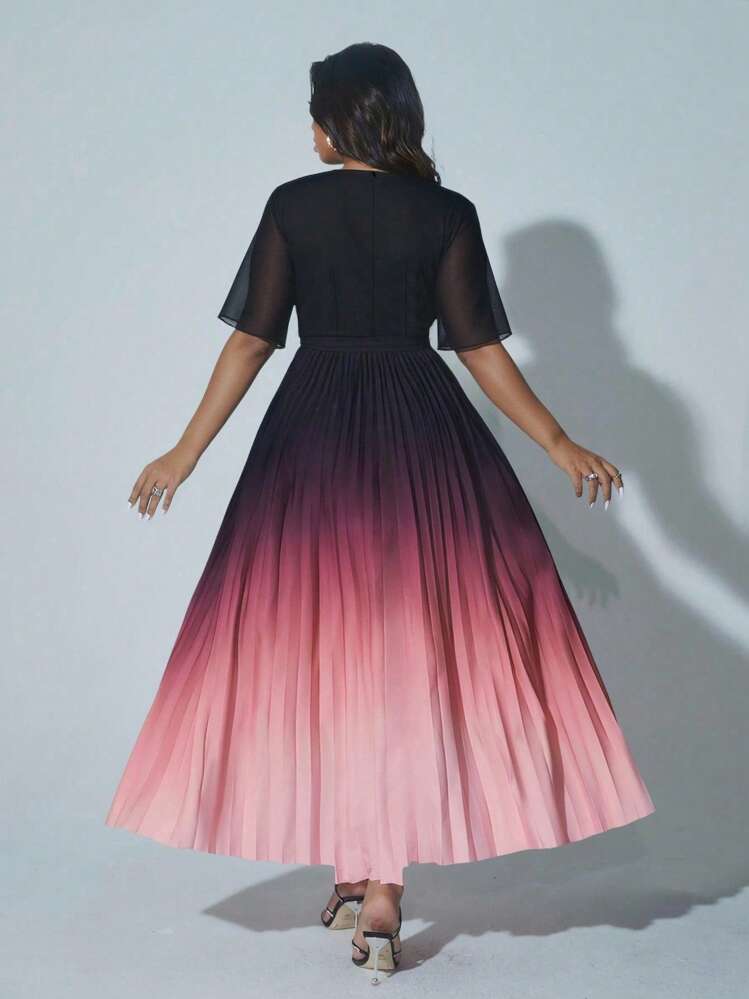 Viva Relle 大码女士优雅浪漫夏季度假连衣裙，V领裹身领雪纺荷叶袖短袖系带渐变褶皱飘逸长裙，适合情人节穿着 - 彩色 - 查看 4