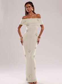 SHEIN BAE 1 chiếc váy hở vai họa tiết hoa 3D bán trong suốt gợi cảm dành cho nữ - Màu be - Xem 3